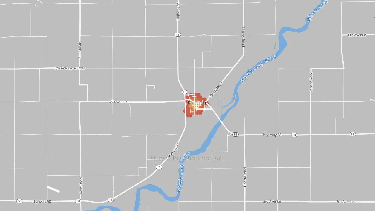 Walk Grade map of 68831, NE, walkable areas in green and car-dependent areas in red
