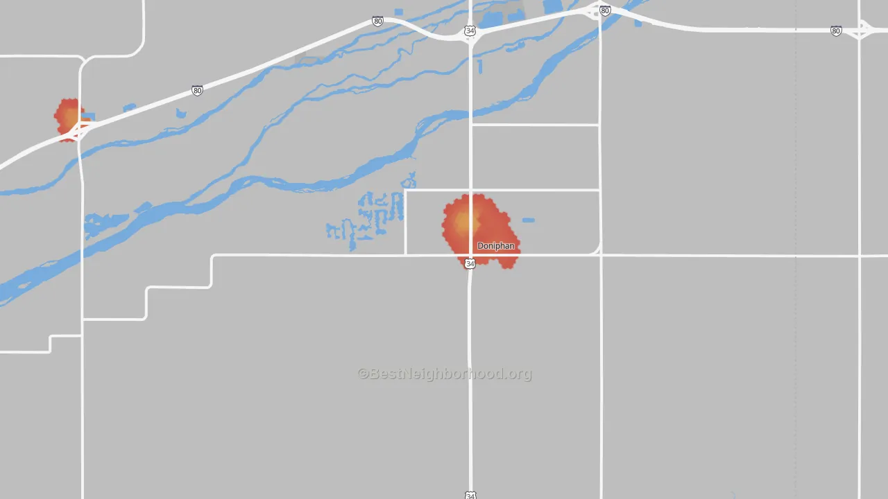 Walk Grade map of 68832, NE, walkable areas in green and car-dependent areas in red