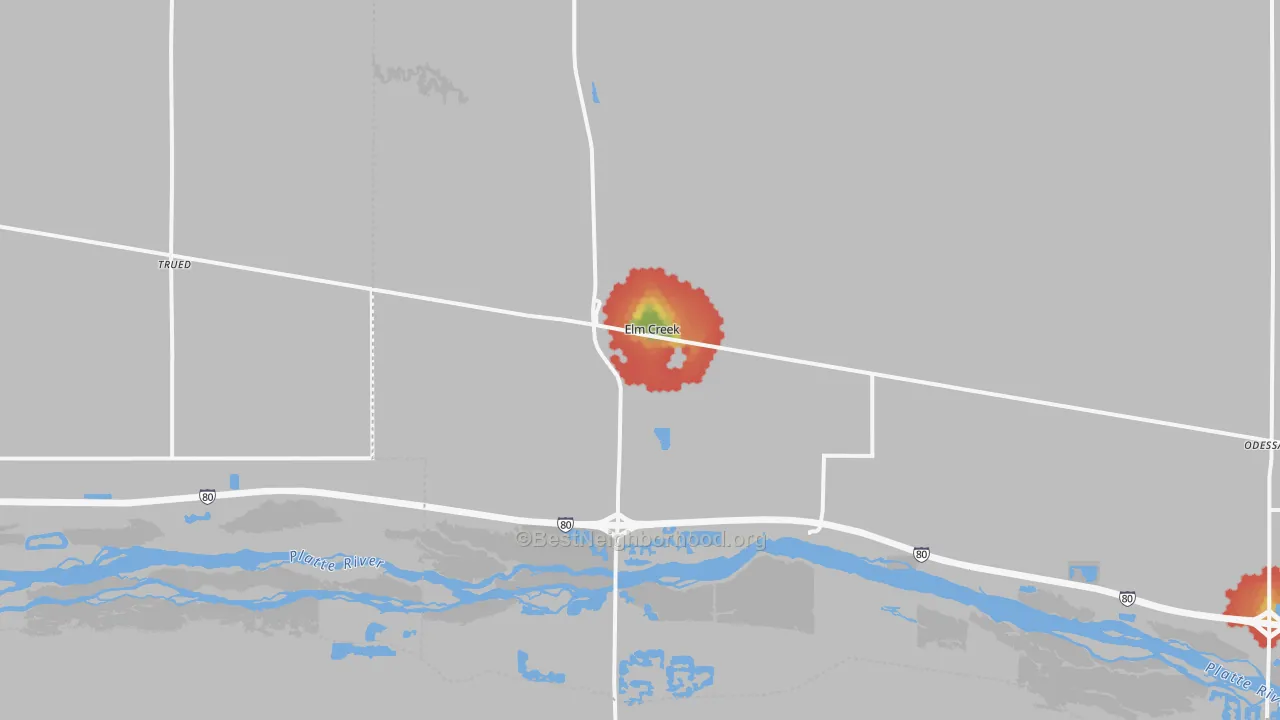 Walk Grade map of 68836, NE, walkable areas in green and car-dependent areas in red