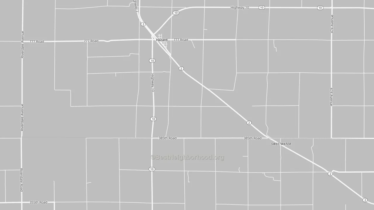 Walk Grade map of 68844, NE, walkable areas in green and car-dependent areas in red