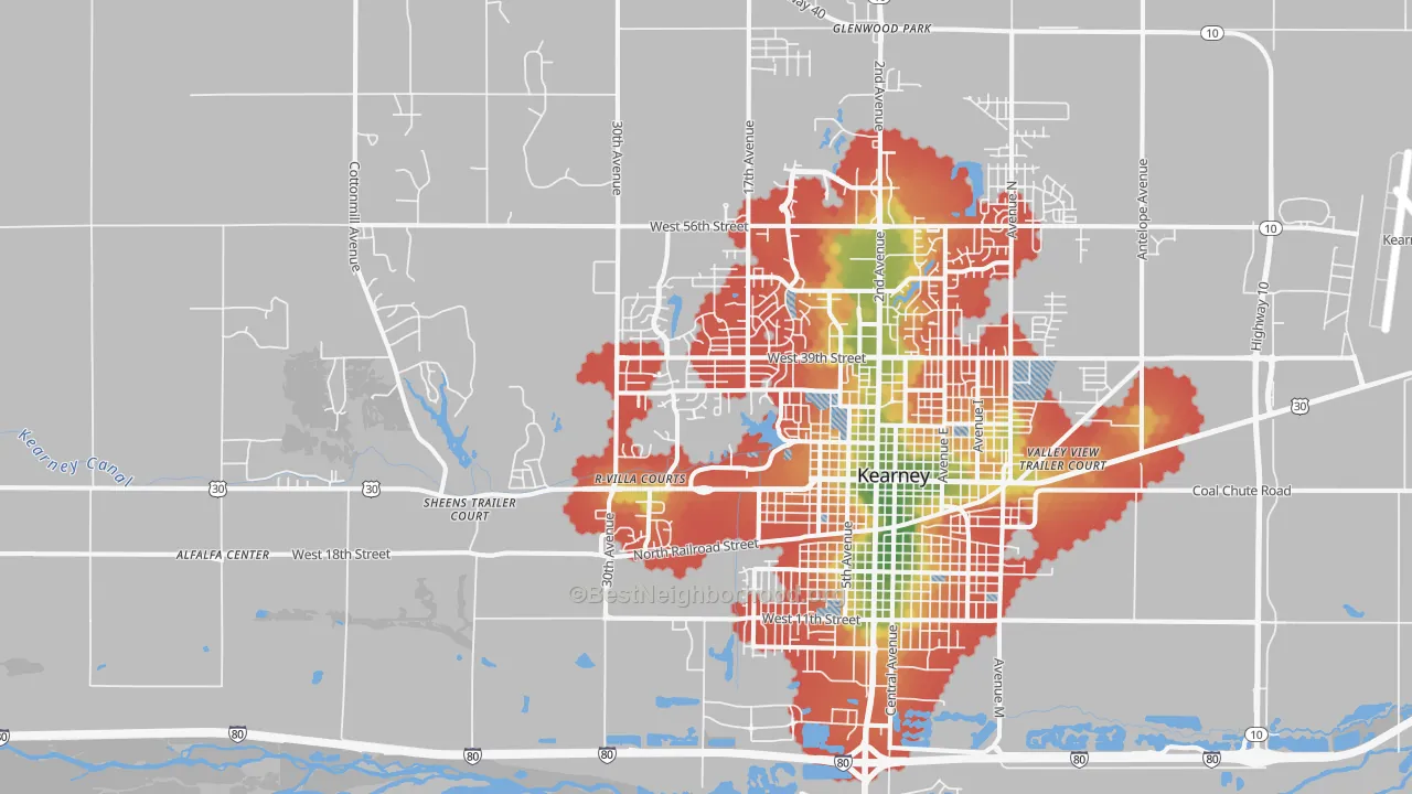 Walk Grade map of 68845, NE, walkable areas in green and car-dependent areas in red