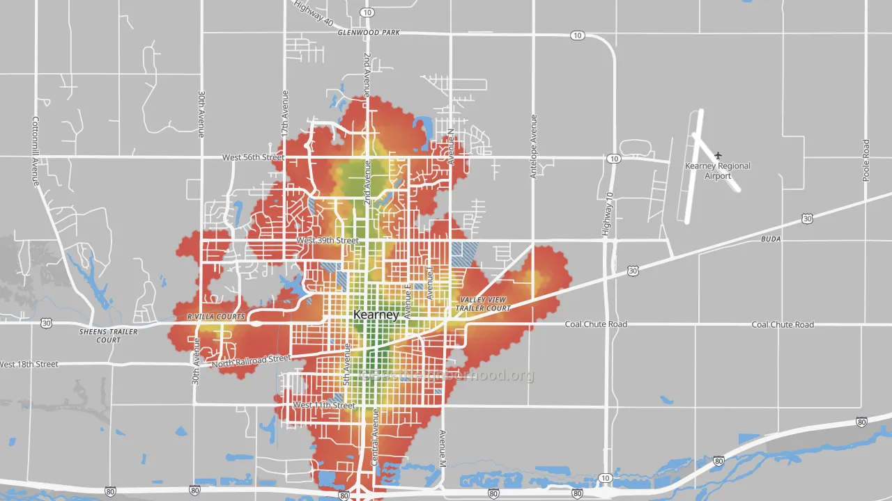 Walk Grade map of 68847, NE, walkable areas in green and car-dependent areas in red