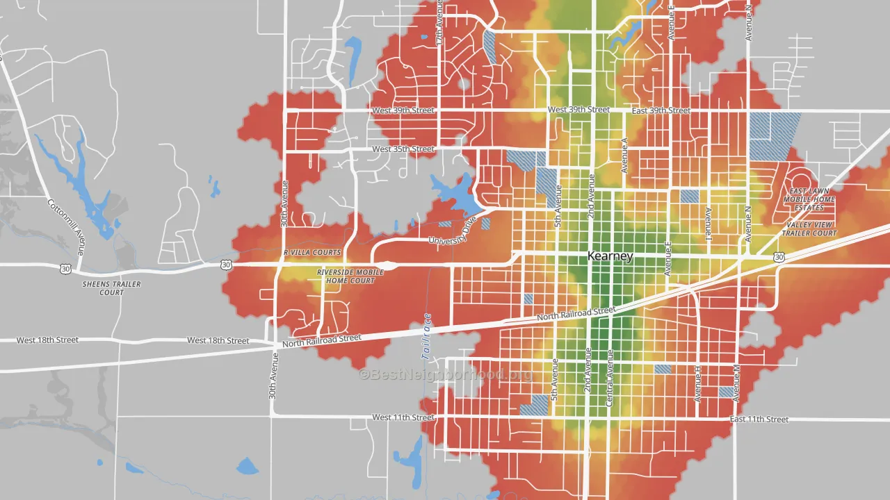 Walk Grade map of 68849, NE, walkable areas in green and car-dependent areas in red