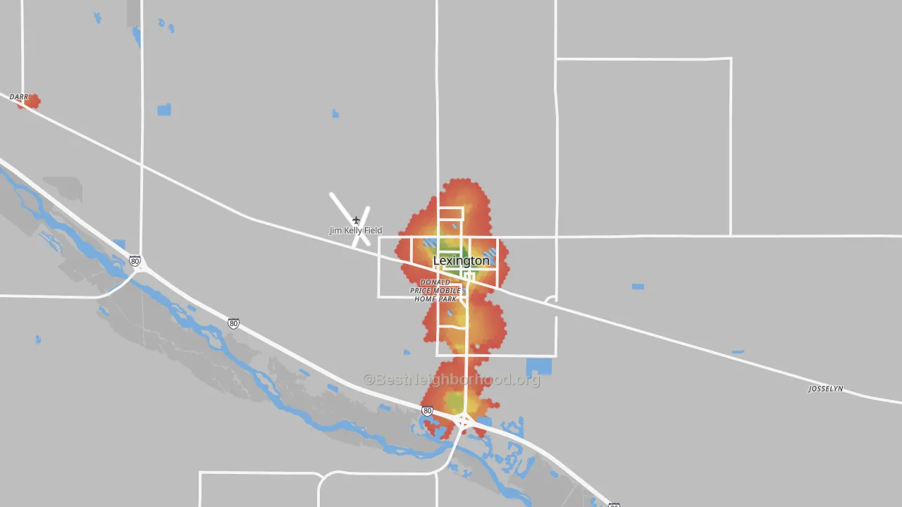 Walk Grade map of 68850, NE, walkable areas in green and car-dependent areas in red