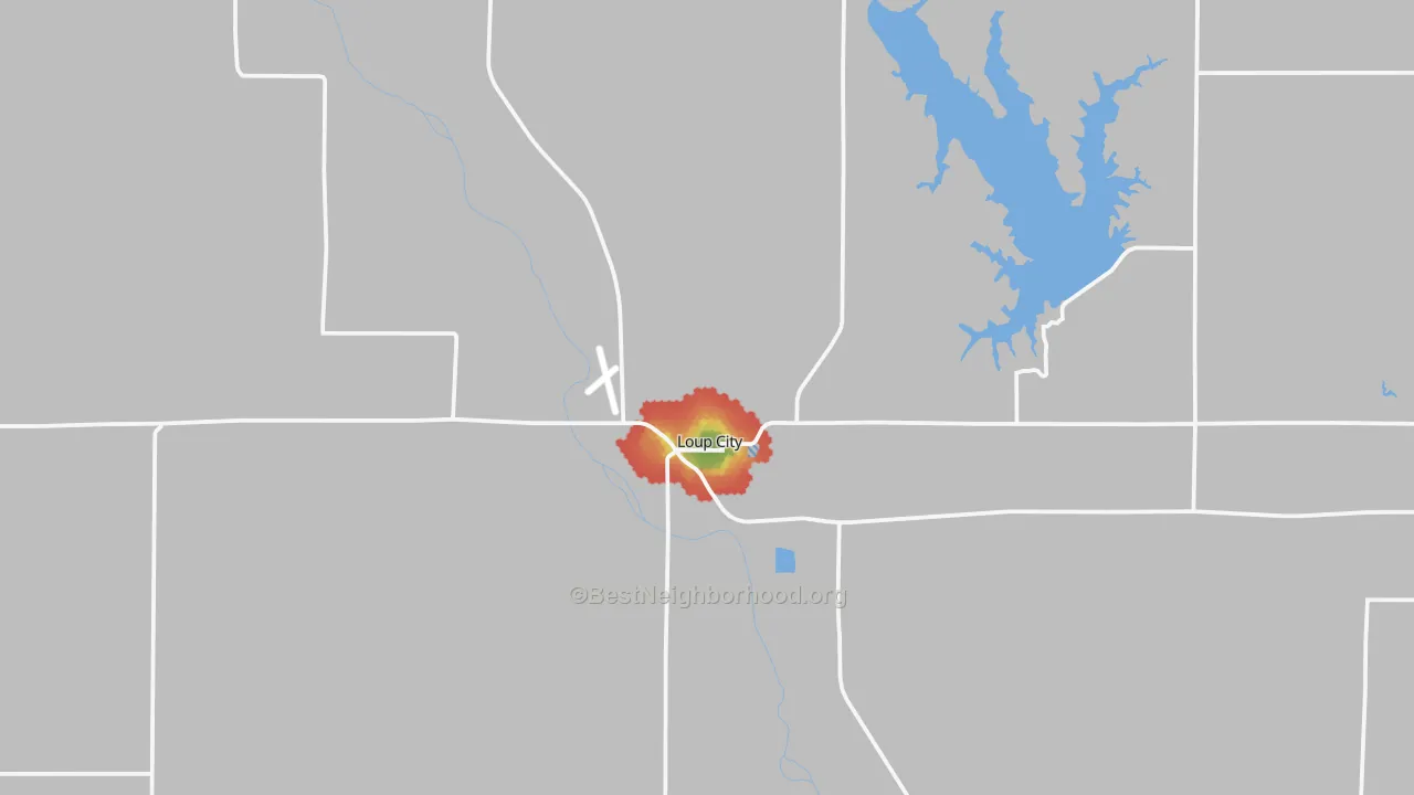 Walk Grade map of 68853, NE, walkable areas in green and car-dependent areas in red