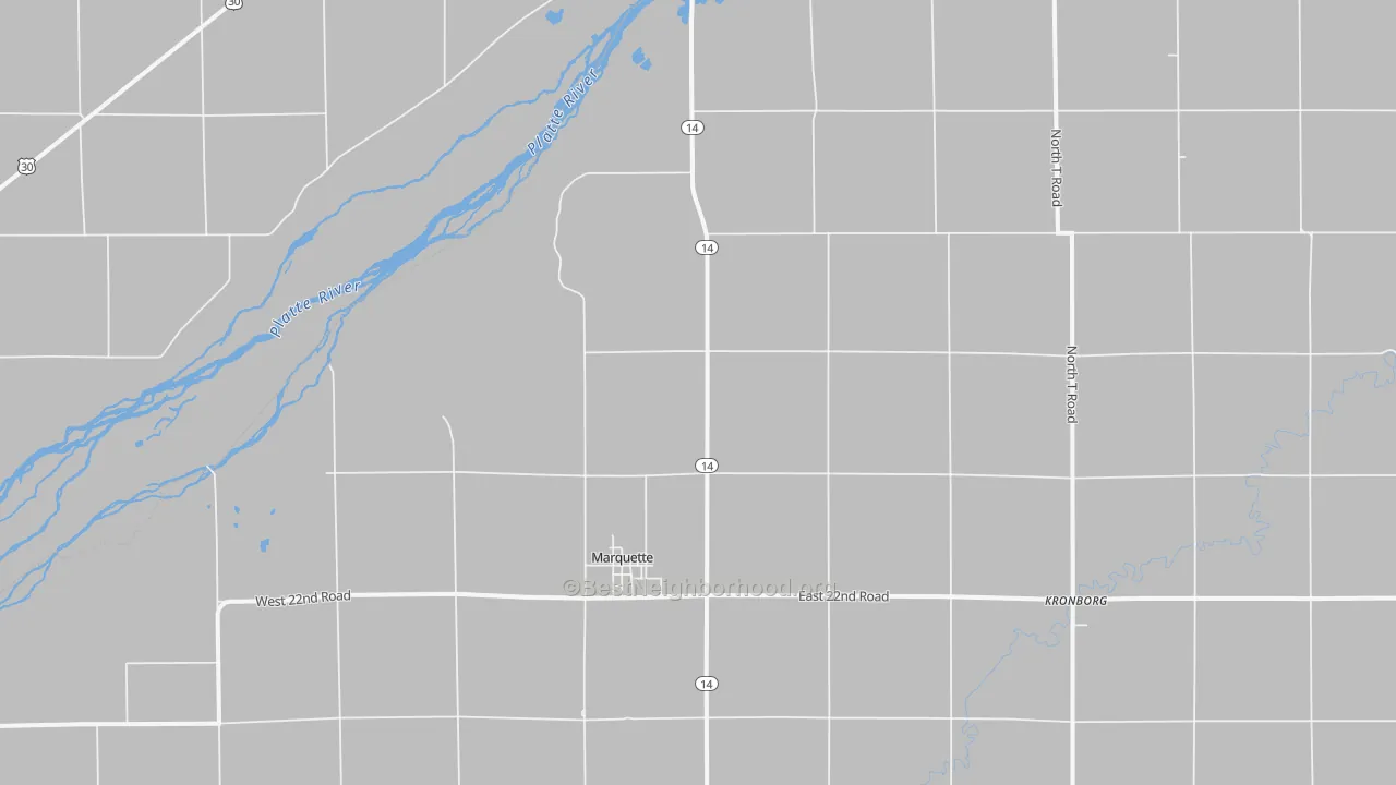 Walk Grade map of 68854, NE, walkable areas in green and car-dependent areas in red
