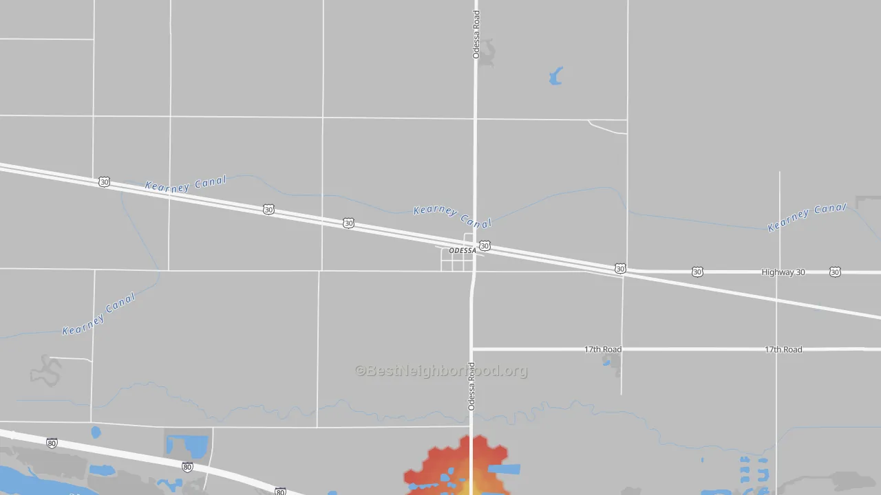 Walk Grade map of 68861, NE, walkable areas in green and car-dependent areas in red