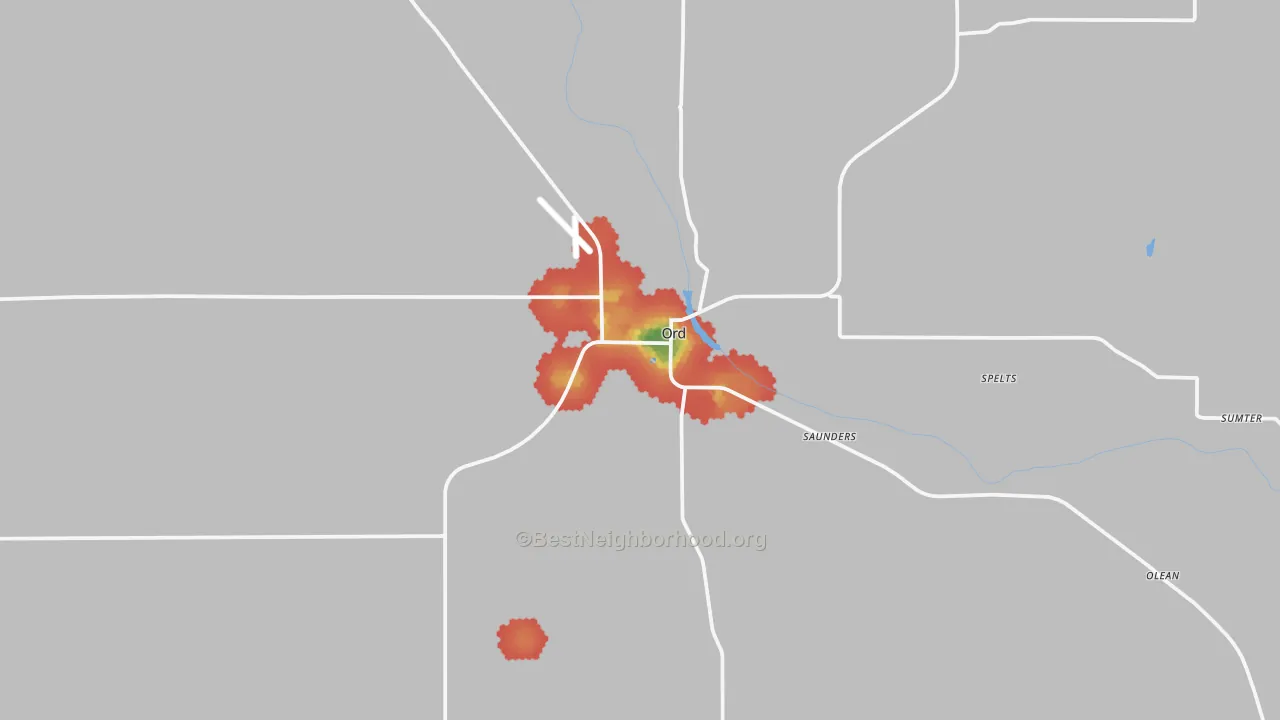 Walk Grade map of 68862, NE, walkable areas in green and car-dependent areas in red