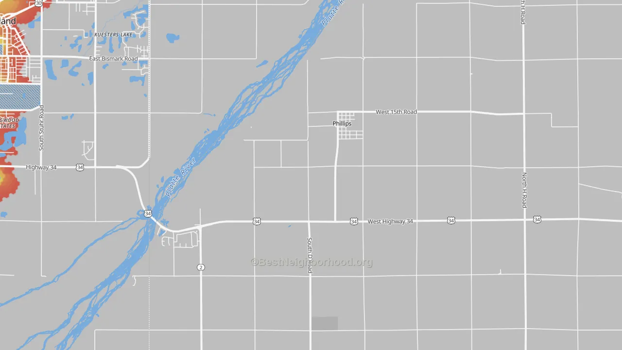 Walk Grade map of 68865, NE, walkable areas in green and car-dependent areas in red