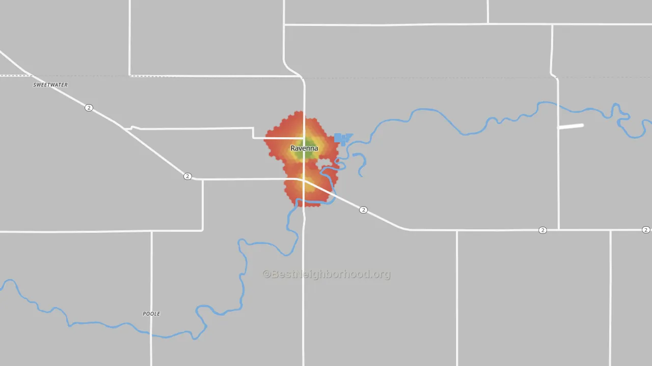 Walk Grade map of 68869, NE, walkable areas in green and car-dependent areas in red