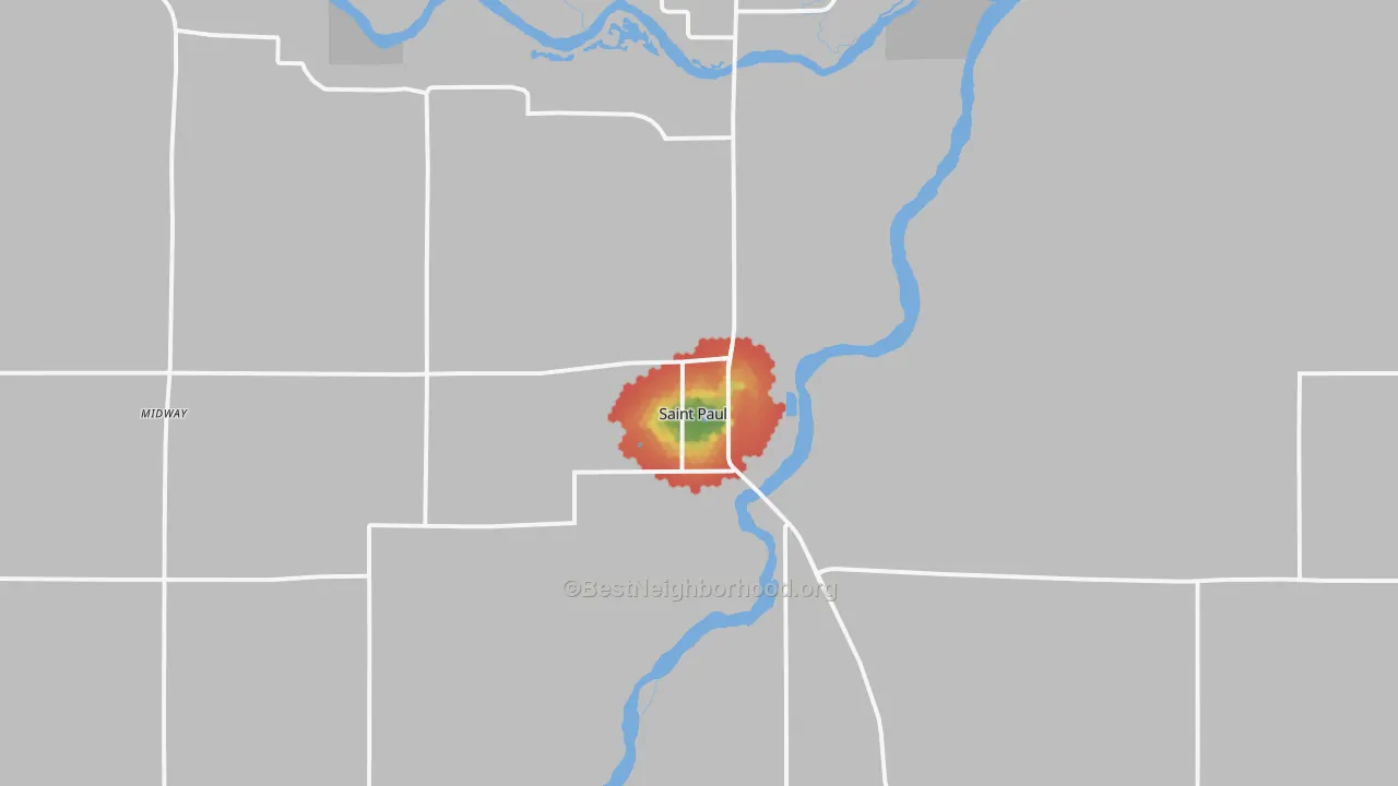 Walk Grade map of 68873, NE, walkable areas in green and car-dependent areas in red