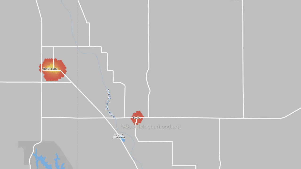 Walk Grade map of 68875, NE, walkable areas in green and car-dependent areas in red