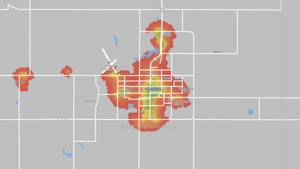Walk Grade map of 68901, NE, walkable areas in green and car-dependent areas in red