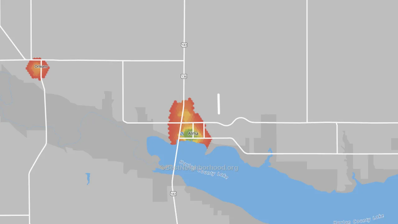 Walk Grade map of 68920, NE, walkable areas in green and car-dependent areas in red