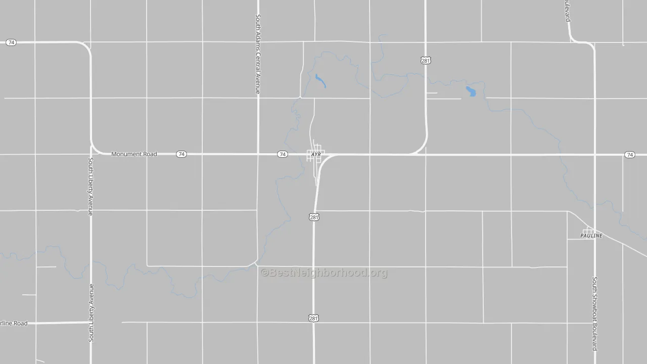 Walk Grade map of 68925, NE, walkable areas in green and car-dependent areas in red