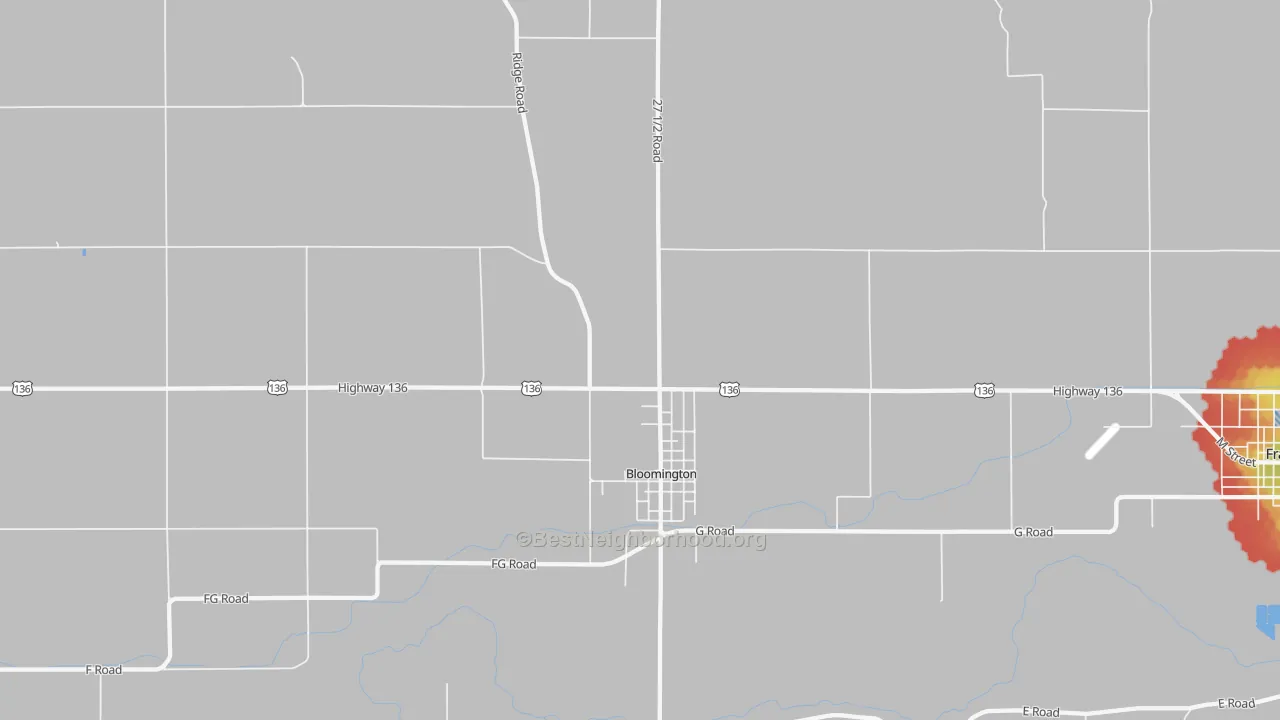 Walk Grade map of 68929, NE, walkable areas in green and car-dependent areas in red