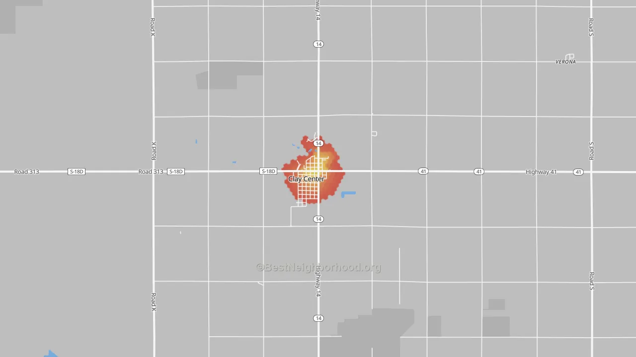 Walk Grade map of 68933, NE, walkable areas in green and car-dependent areas in red