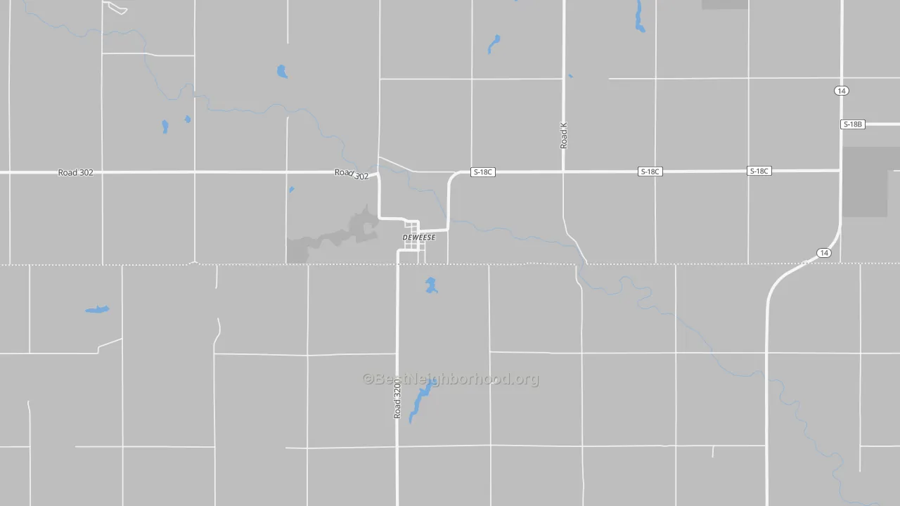 Walk Grade map of 68934, NE, walkable areas in green and car-dependent areas in red