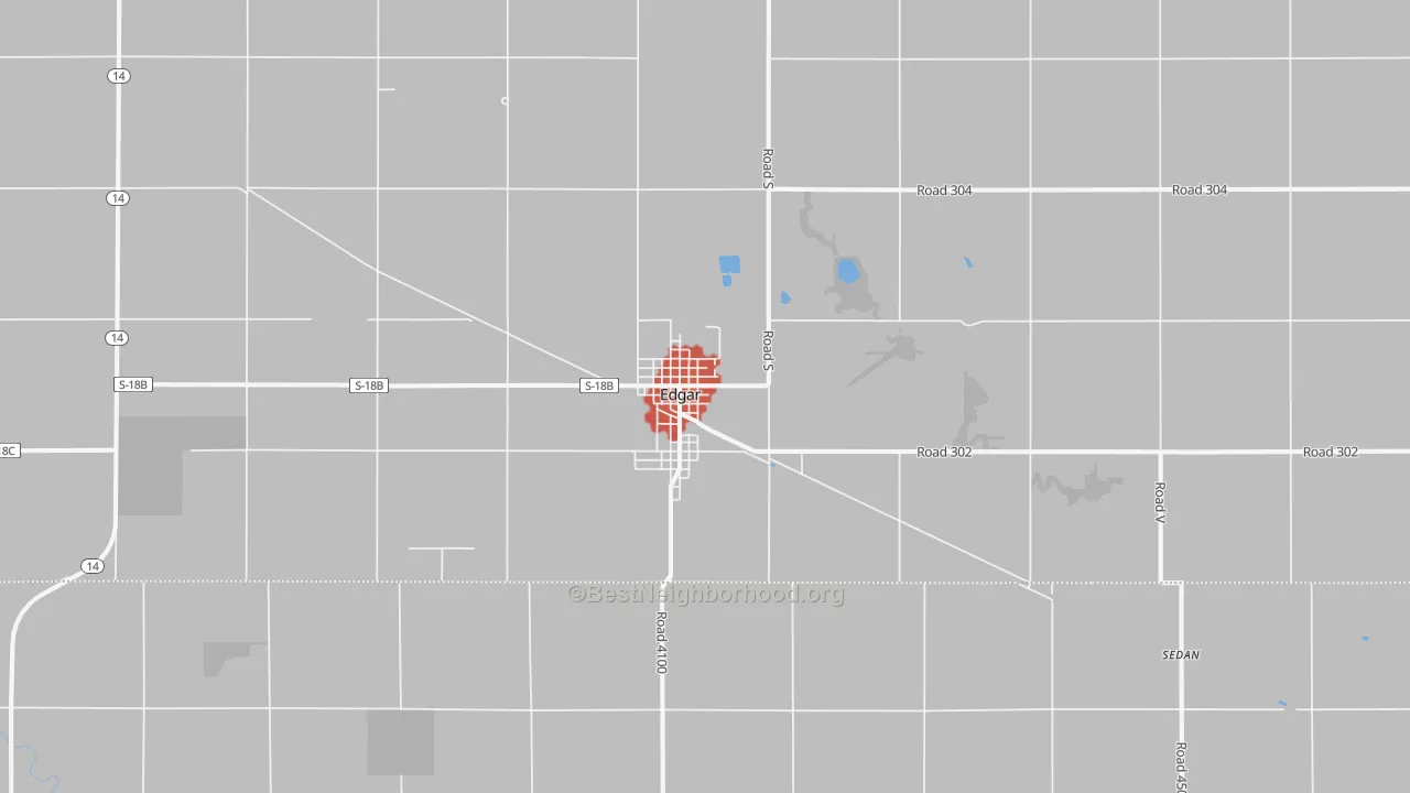 Walk Grade map of 68935, NE, walkable areas in green and car-dependent areas in red