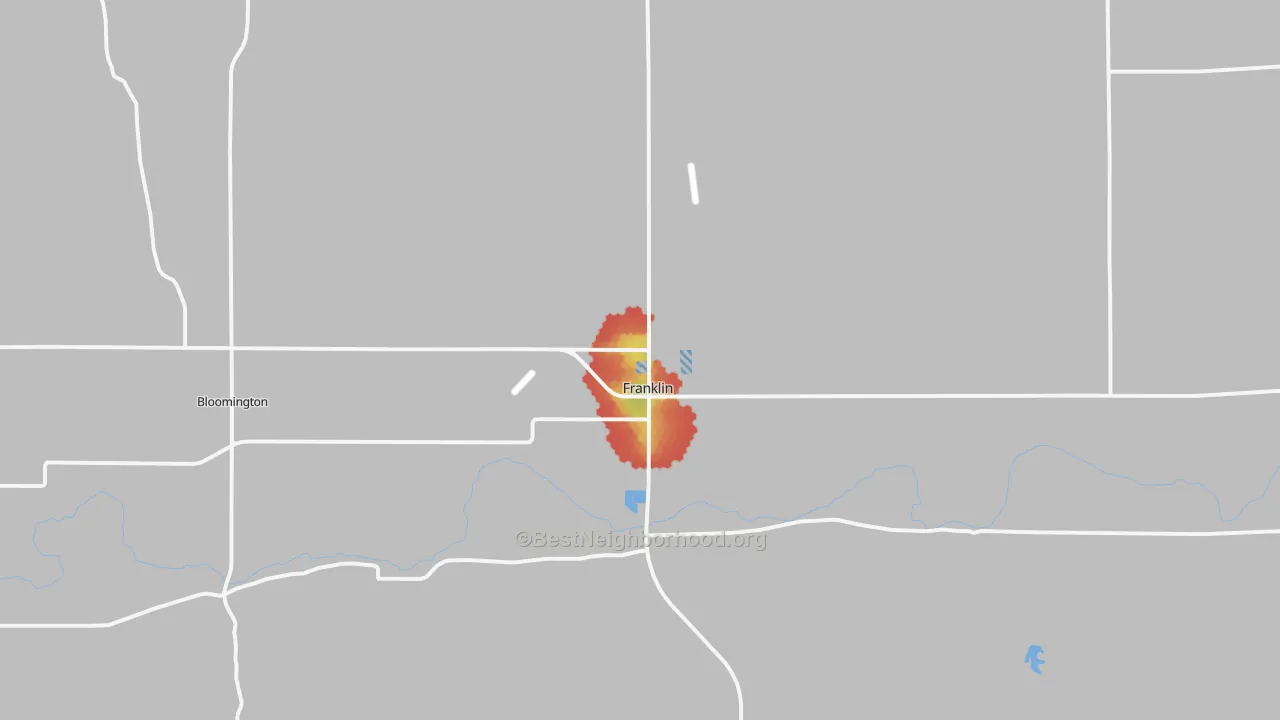 Walk Grade map of 68939, NE, walkable areas in green and car-dependent areas in red