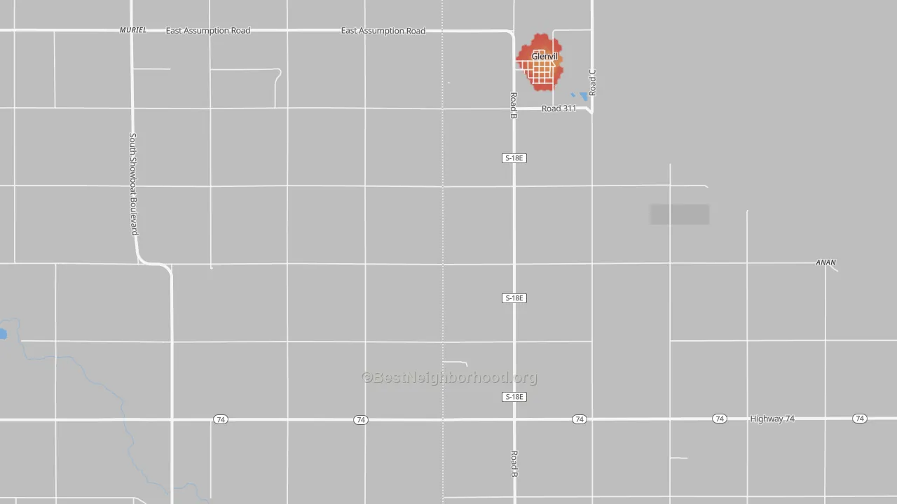 Walk Grade map of 68941, NE, walkable areas in green and car-dependent areas in red