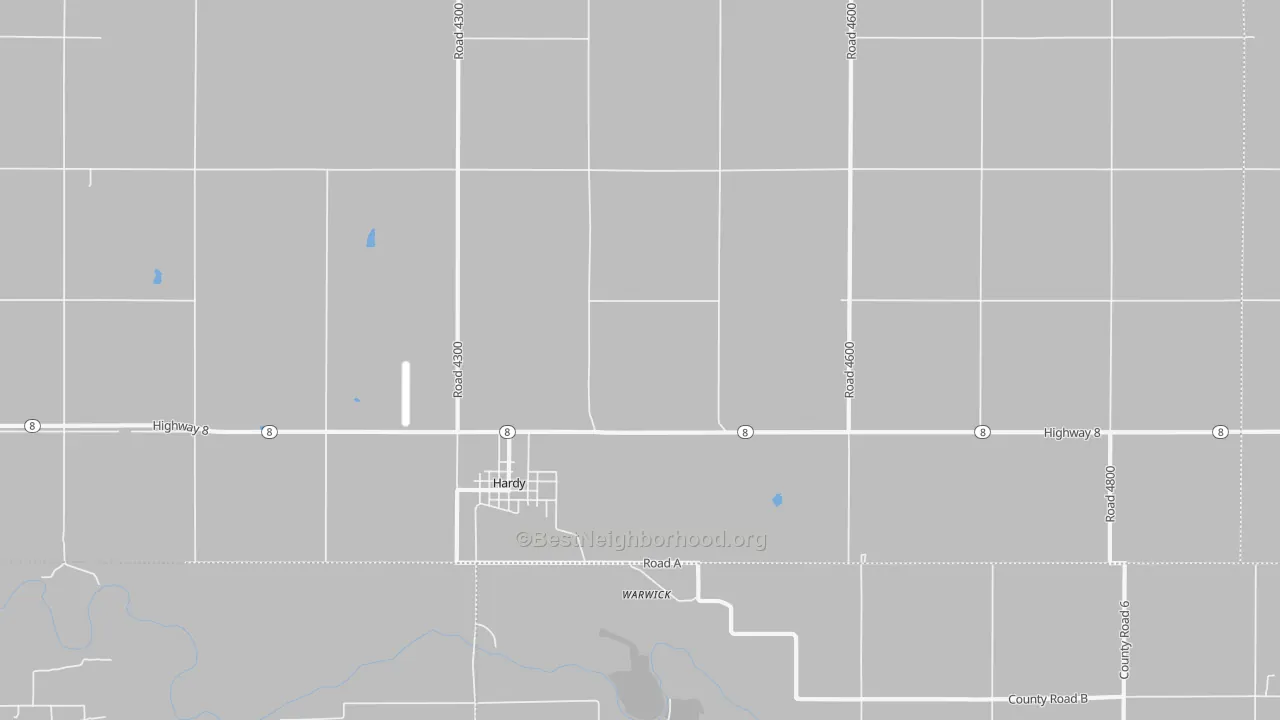 Walk Grade map of 68943, NE, walkable areas in green and car-dependent areas in red
