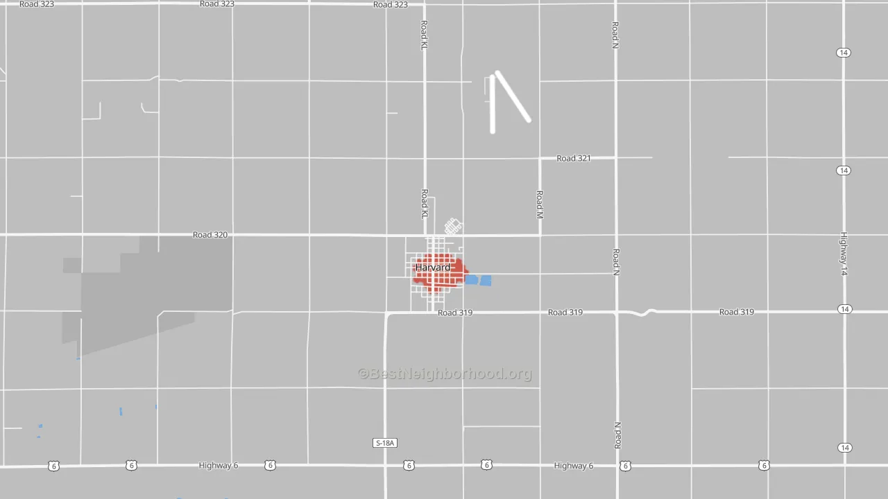 Walk Grade map of 68944, NE, walkable areas in green and car-dependent areas in red