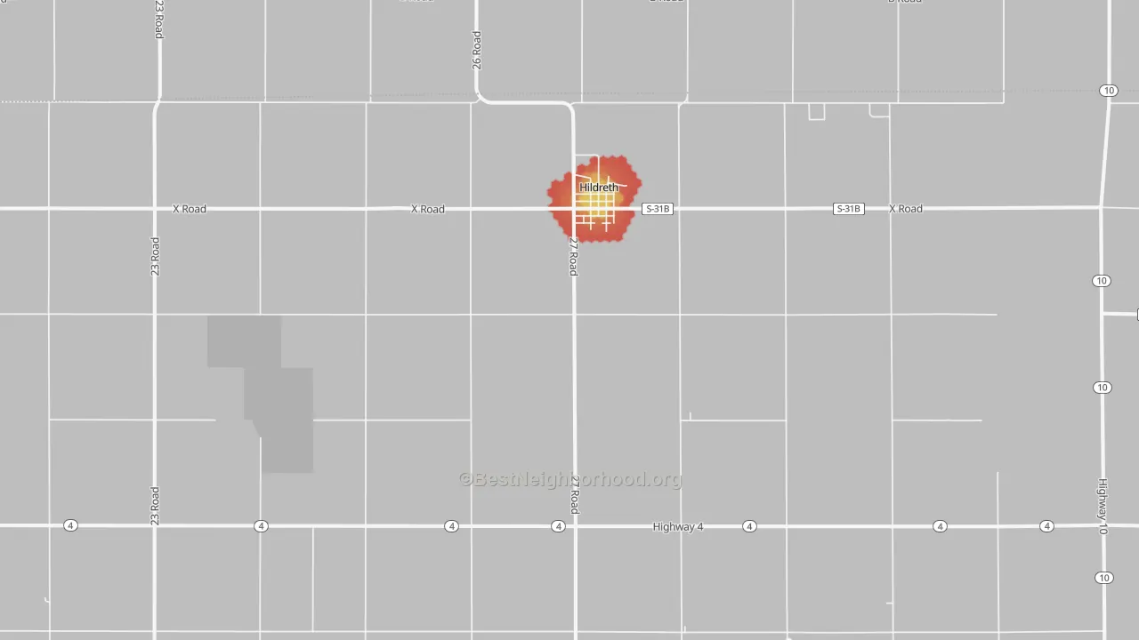 Walk Grade map of 68947, NE, walkable areas in green and car-dependent areas in red