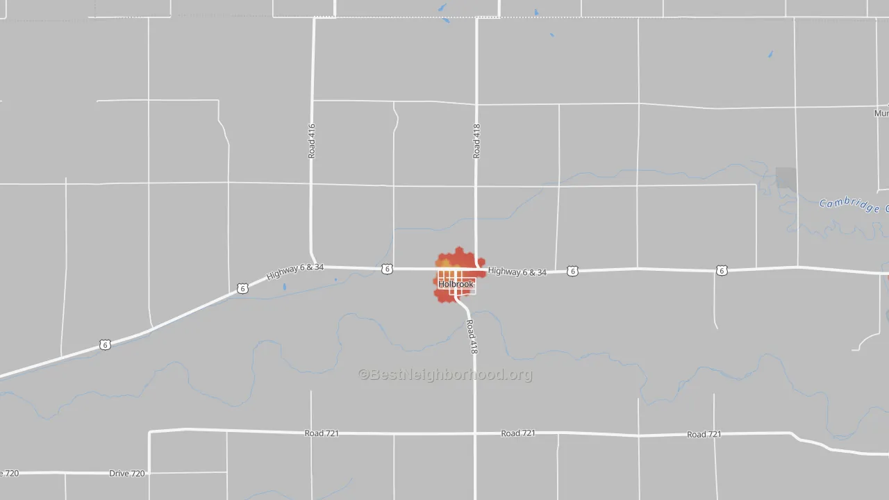 Walk Grade map of 68948, NE, walkable areas in green and car-dependent areas in red
