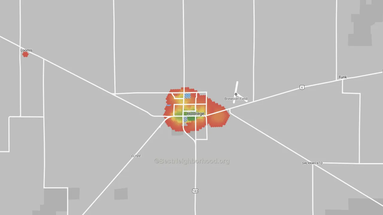 Walk Grade map of 68949, NE, walkable areas in green and car-dependent areas in red