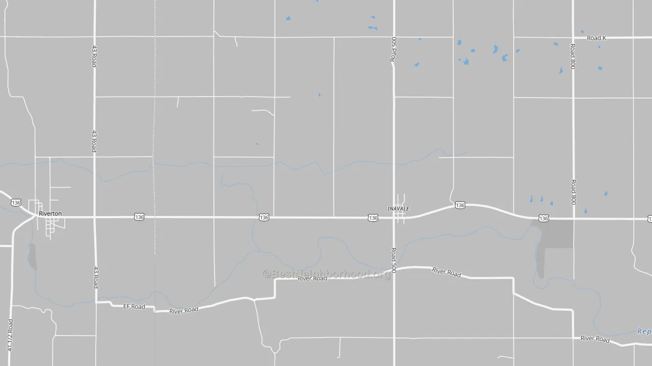 Walk Grade map of 68952, NE, walkable areas in green and car-dependent areas in red
