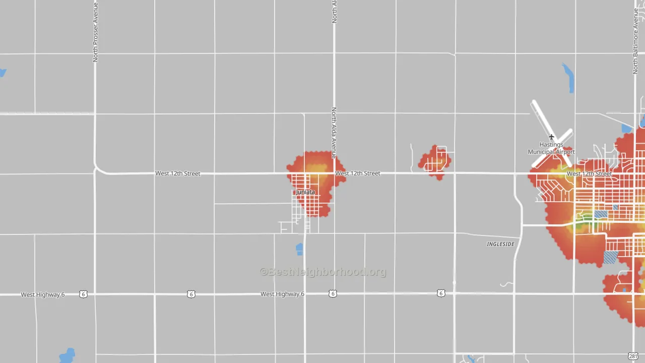Walk Grade map of 68955, NE, walkable areas in green and car-dependent areas in red