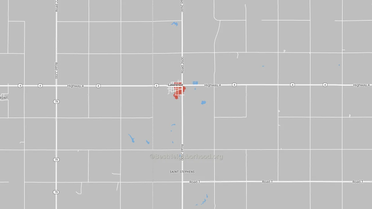 Walk Grade map of 68957, NE, walkable areas in green and car-dependent areas in red