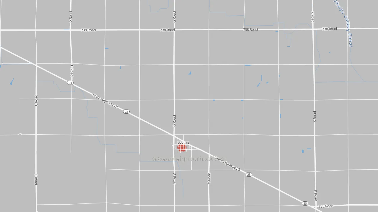 Walk Grade map of 68958, NE, walkable areas in green and car-dependent areas in red