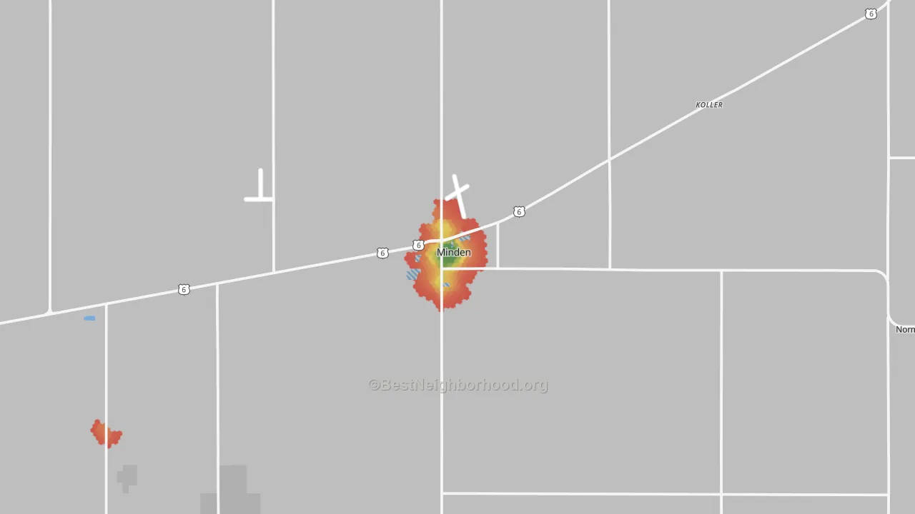 Walk Grade map of 68959, NE, walkable areas in green and car-dependent areas in red