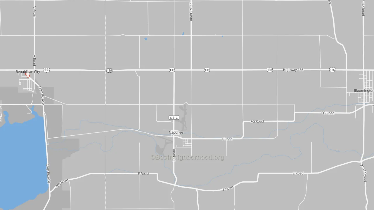 Walk Grade map of 68960, NE, walkable areas in green and car-dependent areas in red