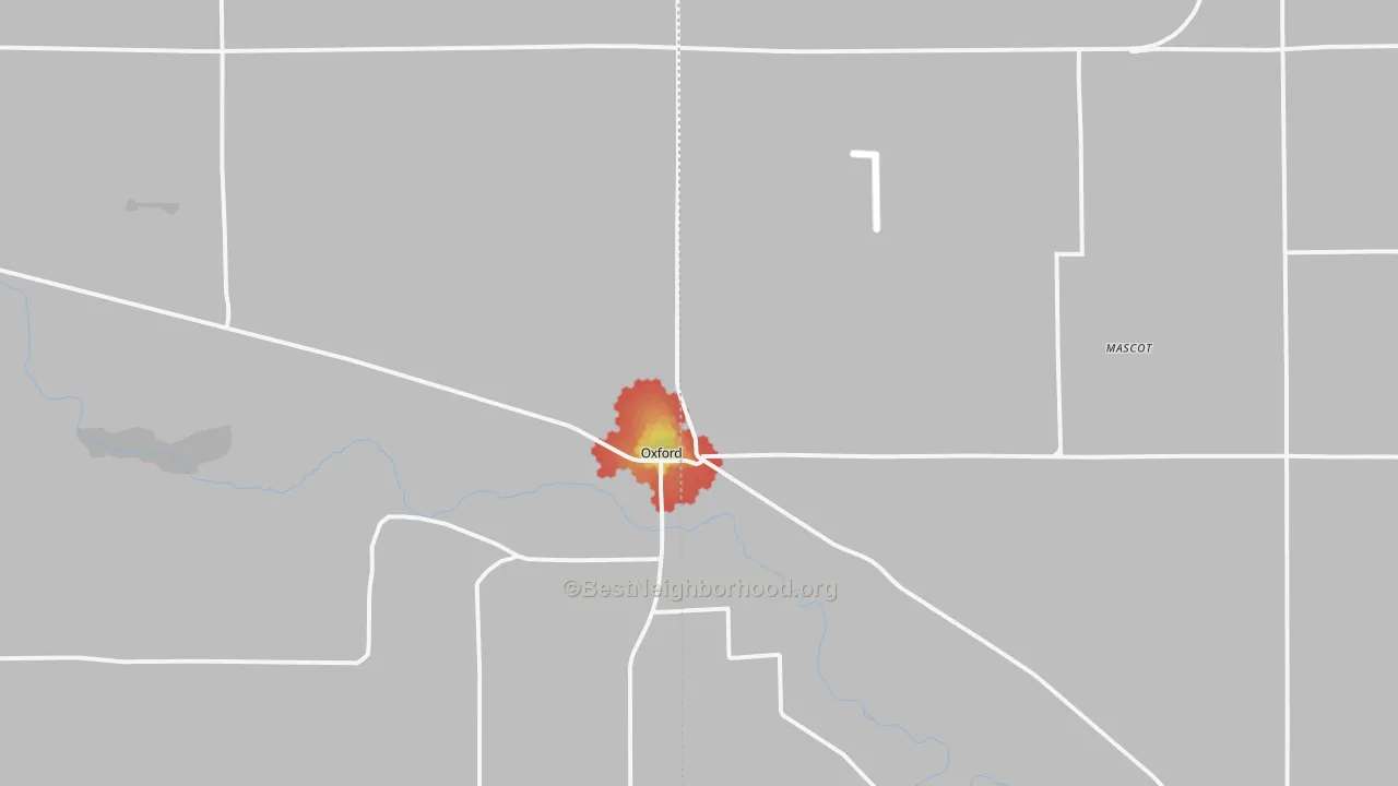 Walk Grade map of 68967, NE, walkable areas in green and car-dependent areas in red