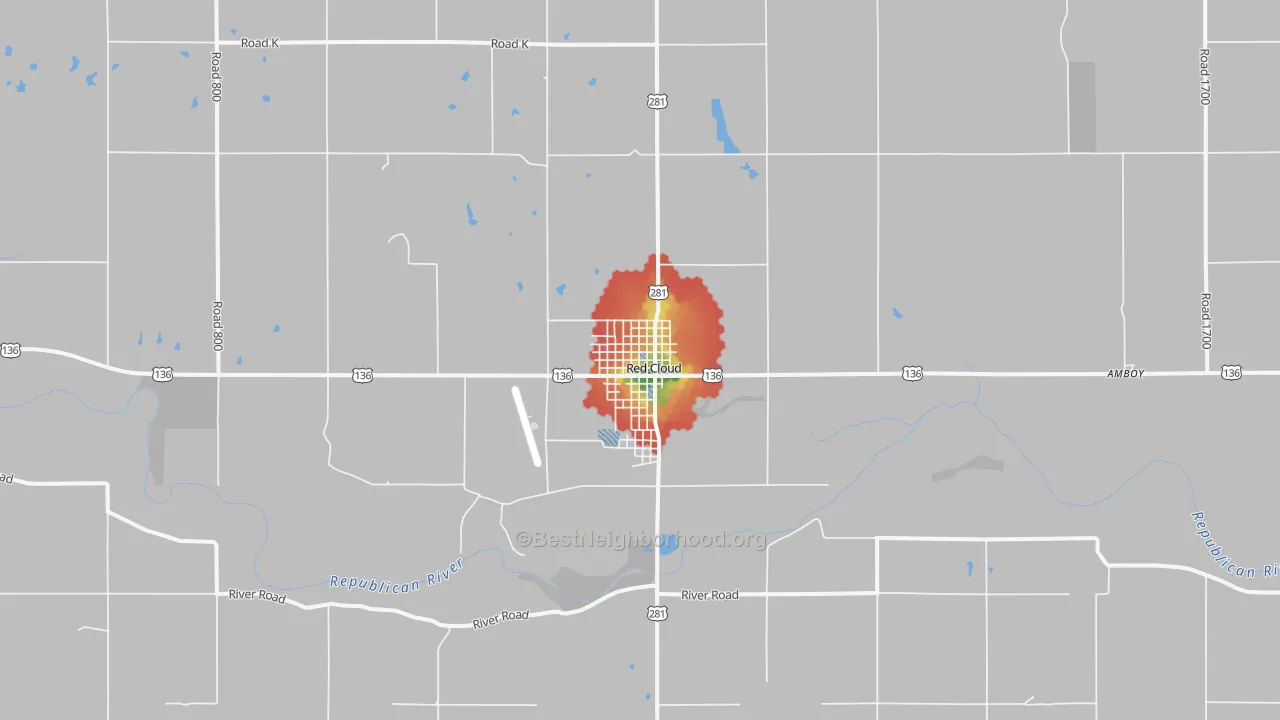 Walk Grade map of 68970, NE, walkable areas in green and car-dependent areas in red