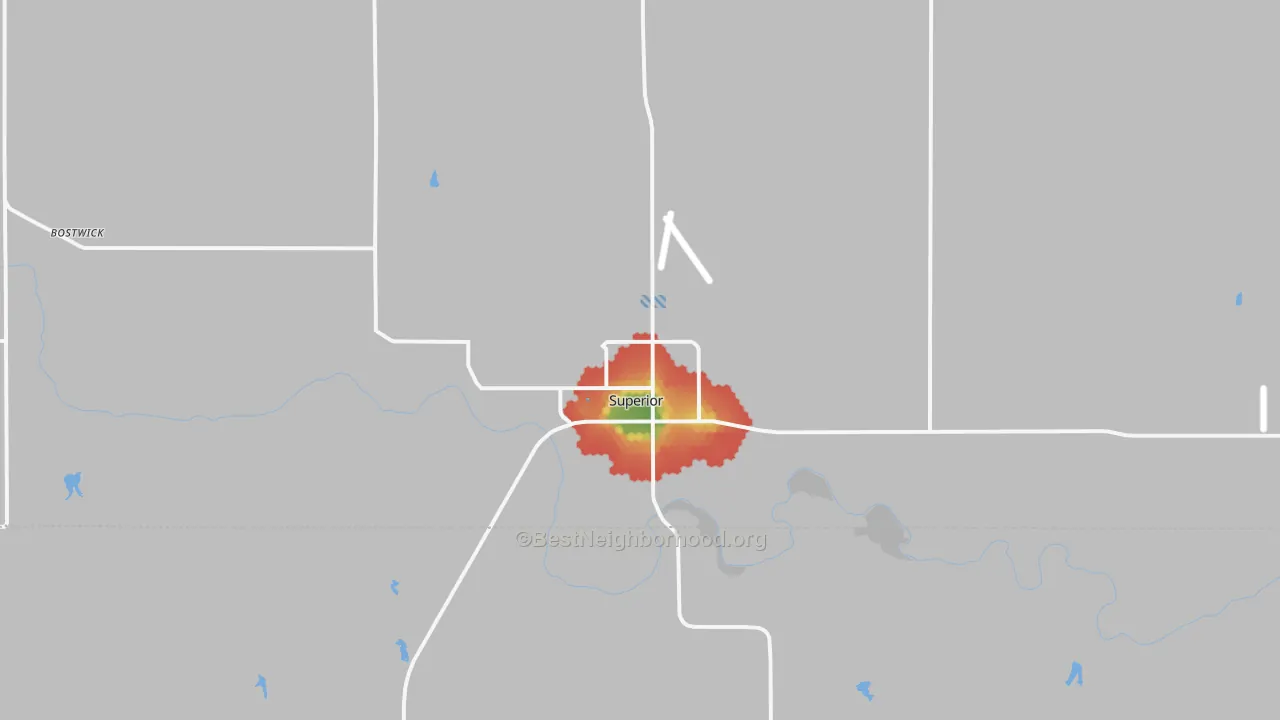 Walk Grade map of 68978, NE, walkable areas in green and car-dependent areas in red