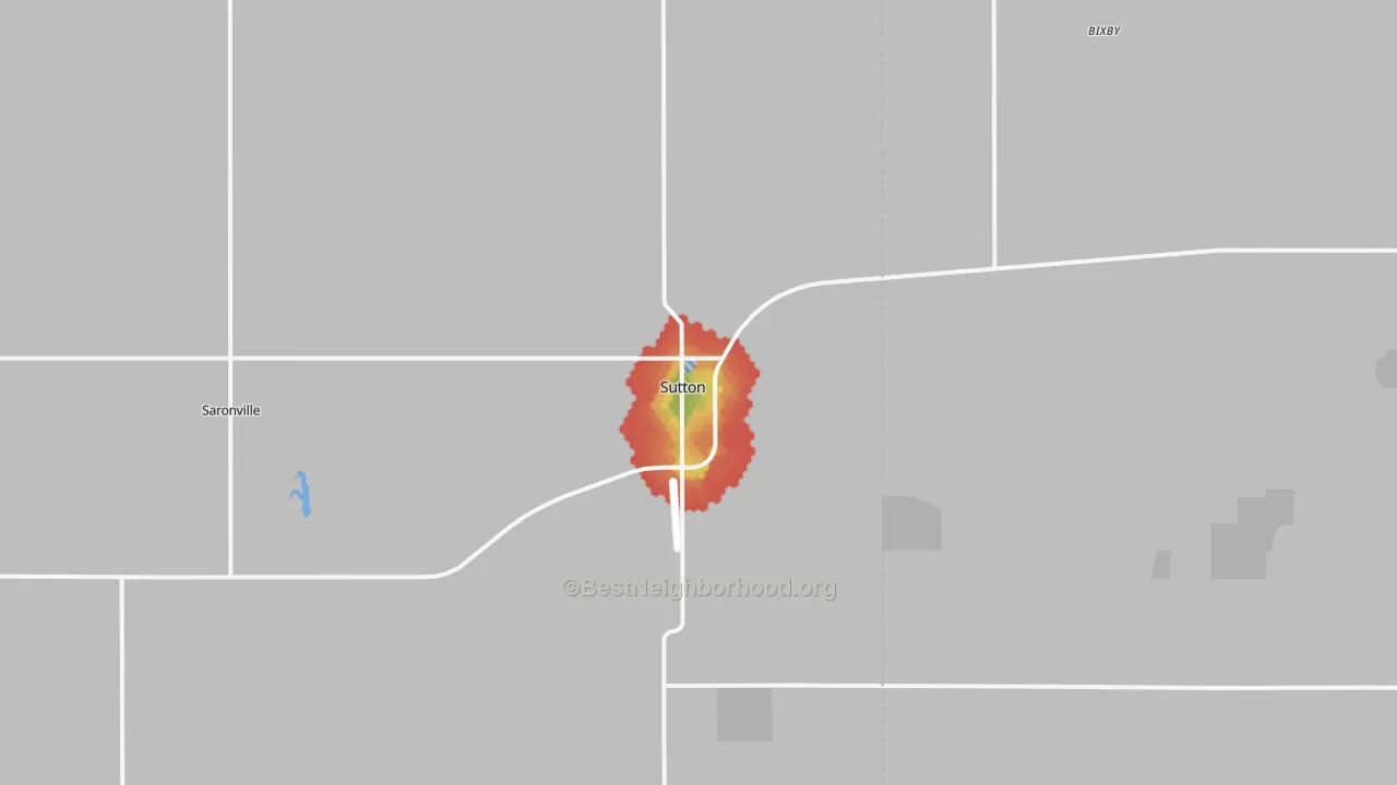 Walk Grade map of 68979, NE, walkable areas in green and car-dependent areas in red