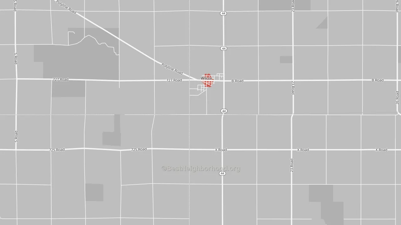 Walk Grade map of 68982, NE, walkable areas in green and car-dependent areas in red