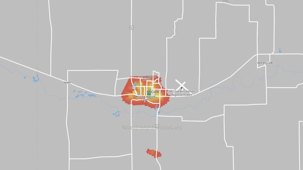 Walk Grade map of 69001, NE, walkable areas in green and car-dependent areas in red