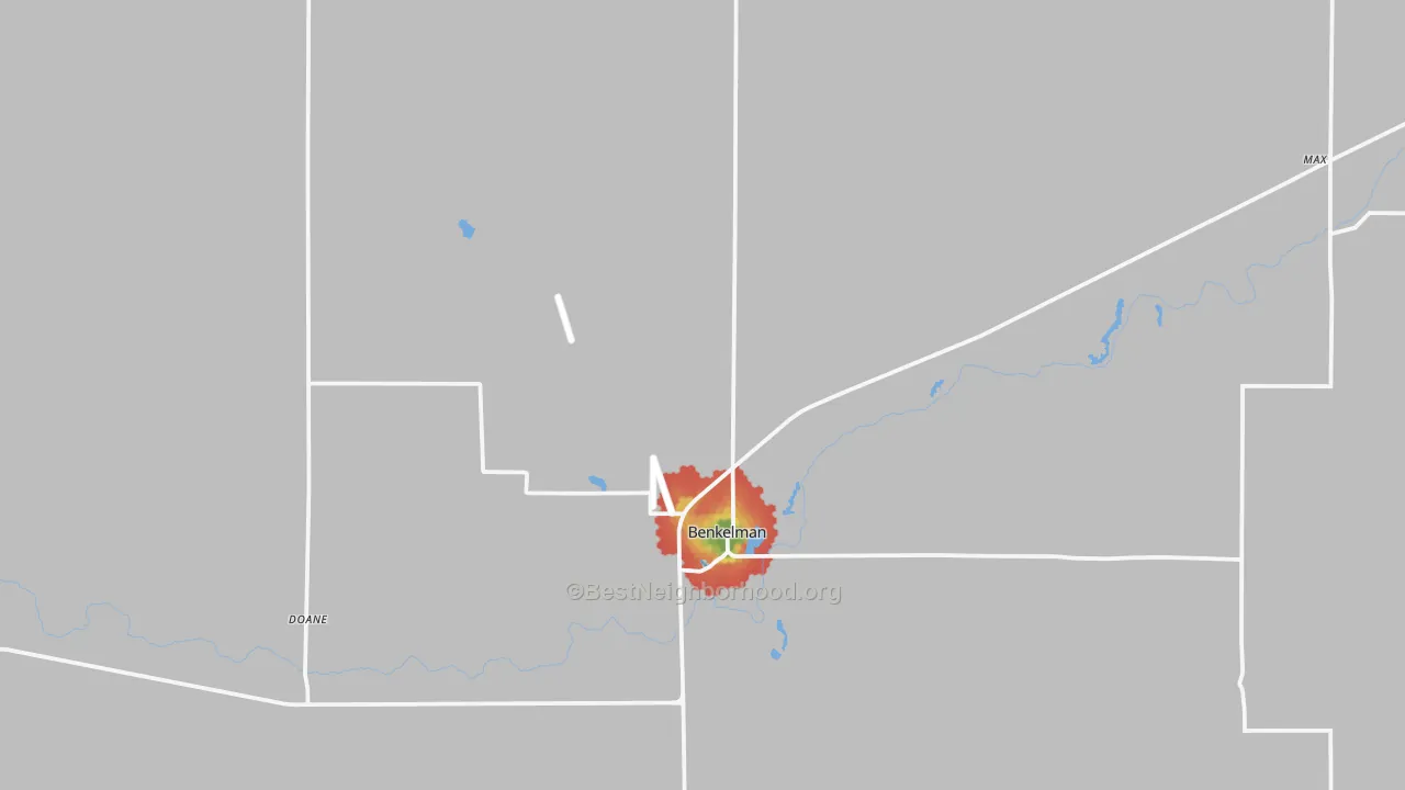 Walk Grade map of 69021, NE, walkable areas in green and car-dependent areas in red
