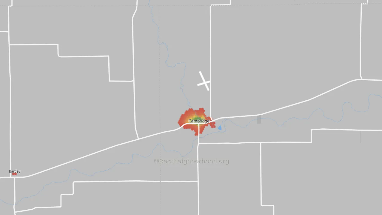 Walk Grade map of 69022, NE, walkable areas in green and car-dependent areas in red