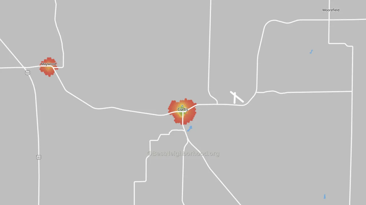 Walk Grade map of 69025, NE, walkable areas in green and car-dependent areas in red