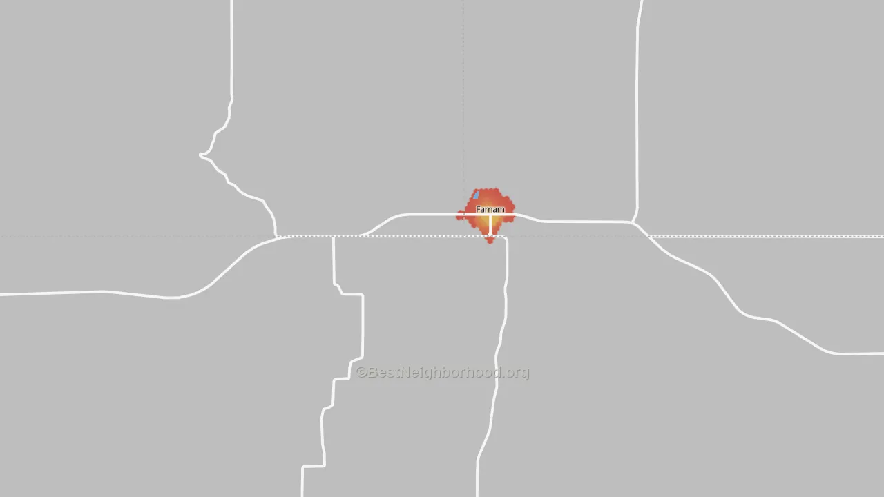 Walk Grade map of 69029, NE, walkable areas in green and car-dependent areas in red