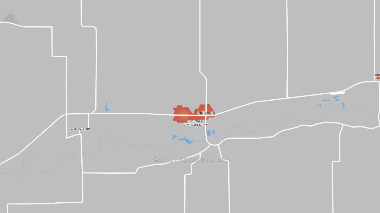 Walk Grade map of 69034, NE, walkable areas in green and car-dependent areas in red