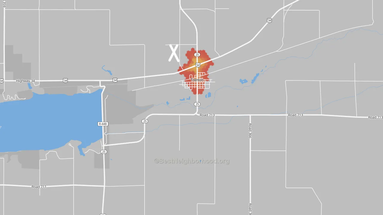 Walk Grade map of 69044, NE, walkable areas in green and car-dependent areas in red