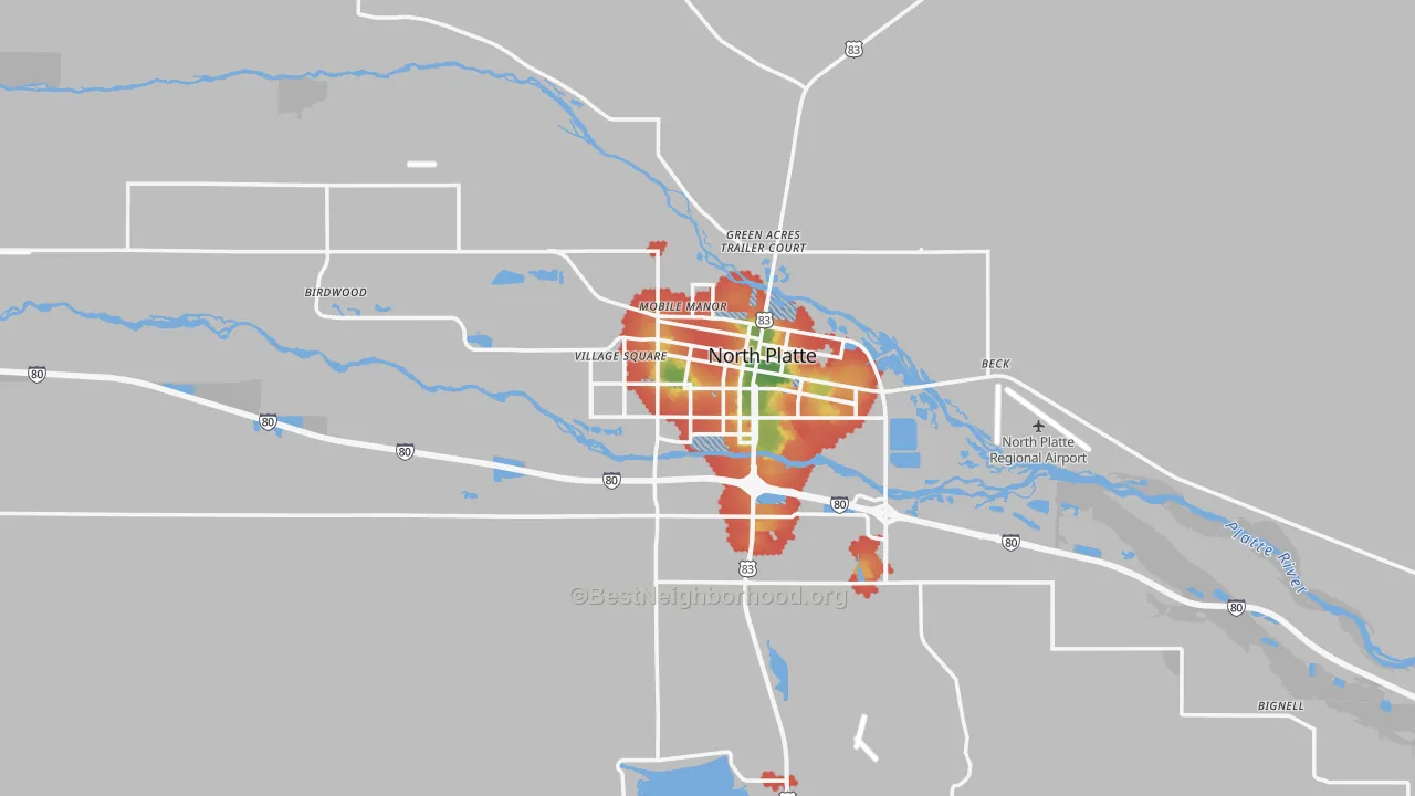 Walk Grade map of 69101, NE, walkable areas in green and car-dependent areas in red