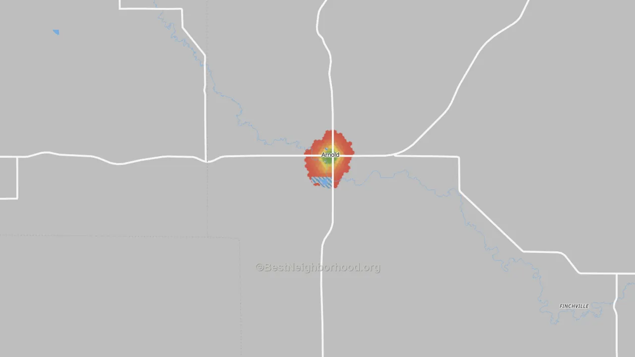 Walk Grade map of 69120, NE, walkable areas in green and car-dependent areas in red